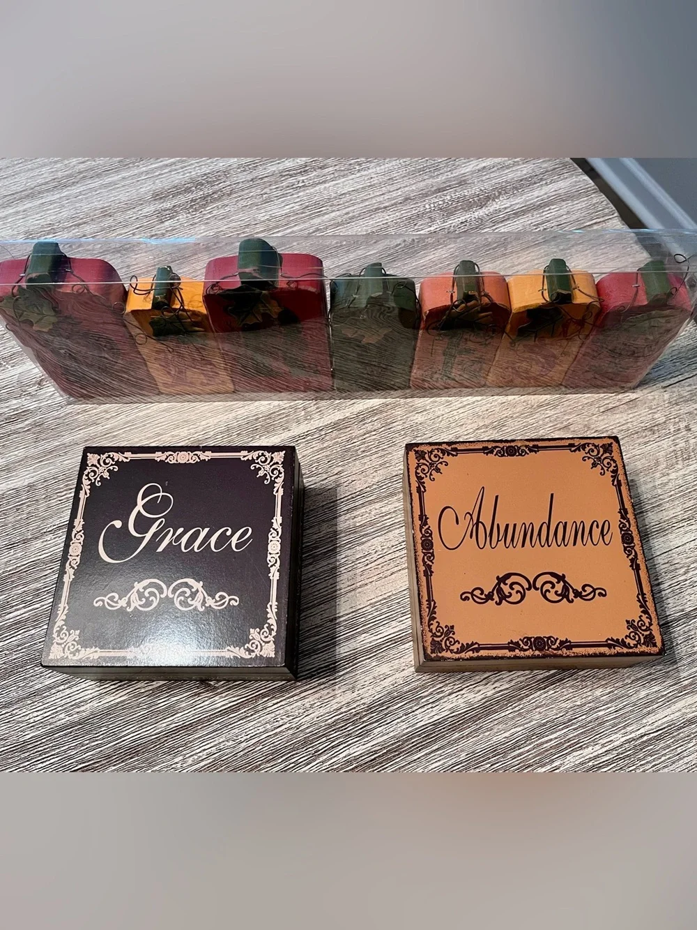 Fall Bundle of Wood “HARVEST” Letters, & Two Wood “Grace” “Abundance” Boxes